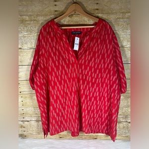 NWT Lane Bryant Top sz 18 Puff Sleeve Popover V-Neck Red Ikat Blouse